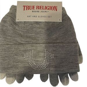 True Religion Gray Knit Beanie and matching gloves